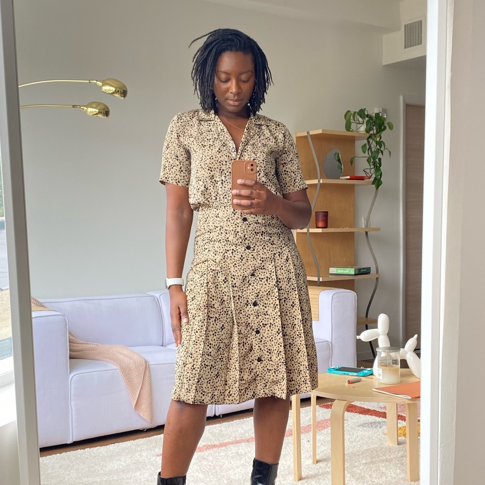 Vintage Pleated Abstract Print A-line Dress Jennifer Moore